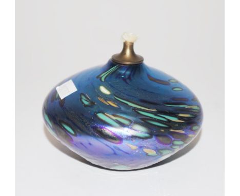 Colin Heaney iridescent blue art glass oil lamp signed to base, 8cm approx