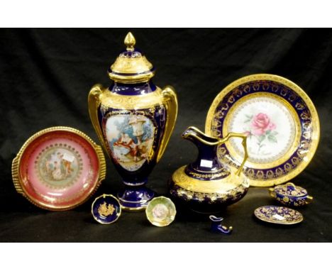 Collection Limoges gilded blue ceramic pieces including lidded canister, (height 32cm approx); ewer, (height 15cm approx); tw