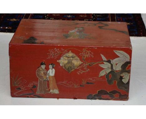 Chinese red lacquered trunk 69cm wide, 47cm deep, 35cm high approx