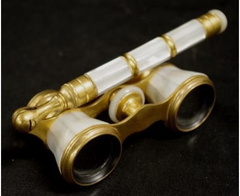 Pair French Mother of Pearl encased opera glasses marked 'Paris Iris,' MoP encased decoration.