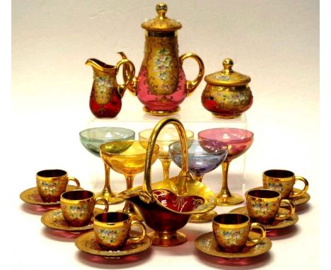 Murano glass coffee set with in relief floral and gilt decoration, comprising of 6 coffee cups and saucers, coffee pot, lidde