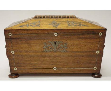 Regency inlaid rosewood tea caddy 33cm wide, 16cm deep, 19.5cm high
