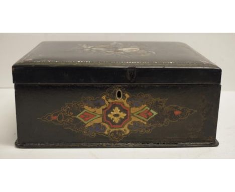 Victorian papier mache box with mother of pearl inlay, 26cm wide, 20.5cm deep, 10.5cm high approx