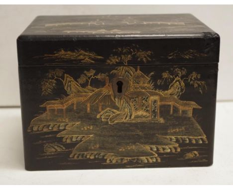 Regency chinoiserie tea caddy with twin lidded pewter interior, 17.5cm wide, 13.5cm deep, 12.5cm high approx