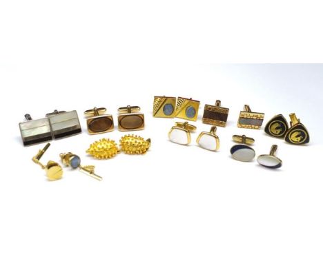 Eight pairs of metal cufflinks and two tie tacks includes opal triplet, mother of pearl set examples mostly with wing back fi