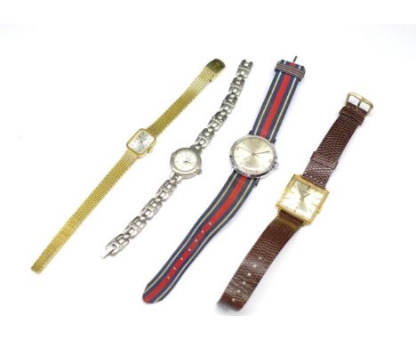 Three mechanical watches and a quartz example includes a ladies Tissot Stylist manual wind movement, Gents Incarbloc Roamer m