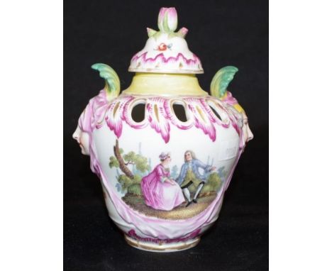 Antique KPM Berlin porcelain pot pouri hand painted decoration, dual mask head handles, lid with applied blossom finial, mark