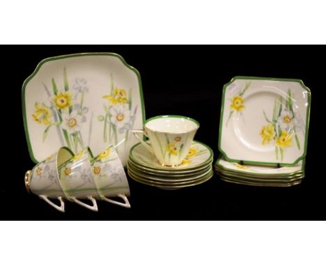 Royal Doulton 'Daffodil' part tea set including 4 trios, (plus an additional 2 saucers and 2 plates), and a cake plate, marke