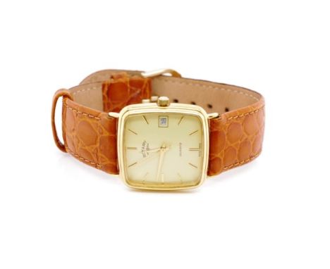 Gentlemen's Rotary watch quartz movement not running, on leather strap. Approx gold plated case size 29mm. With box and paper