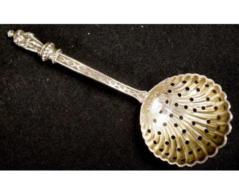 Victorian sterling silver sifter spoon Birmingham 1894, makers Stokes and Ireland Limited, with figural finial, 22grams appro