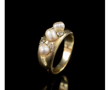 Pearl, diamond and sapphire set yellow gold ring marked 375 for 9ct. A tapered band set with single cut and old European cut 