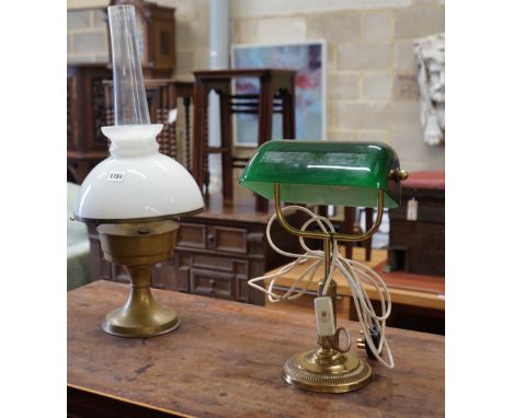 A Victorian style brass reading lamp with green glass shade, height 39cm together with a brass and opaque glass oil lamp