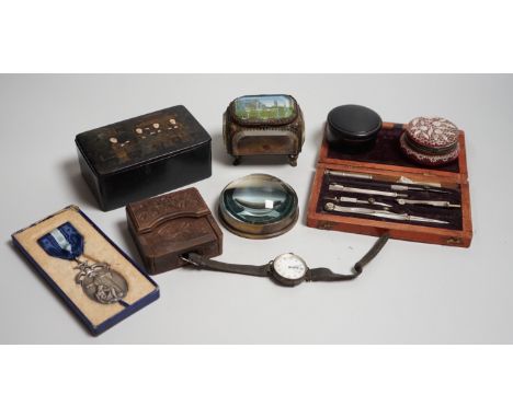 Mixed collectables: Stanley compass paperweight, a cranberry pot, a Great Exhibition souvenir casket, etc