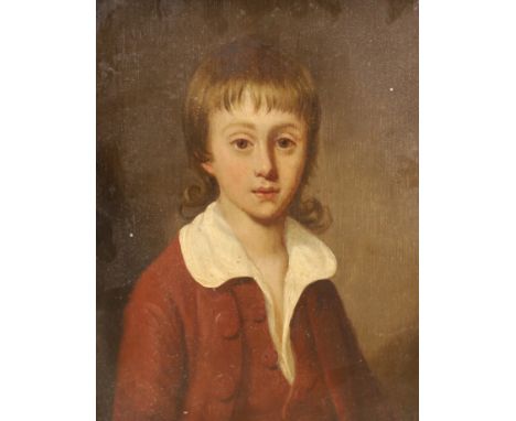 English School c.1800, oil on wooden panel, Portrait of a youth wearing a brown coat, 25 x 19cm