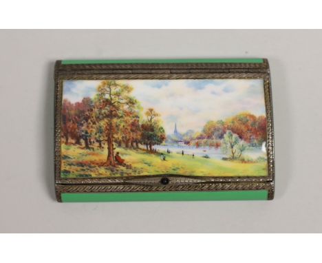 A late 1920's silver and enamel cigarette case, the cover decorated with riverside scene, P.H. Vogel, London, 1927, 81mm.
