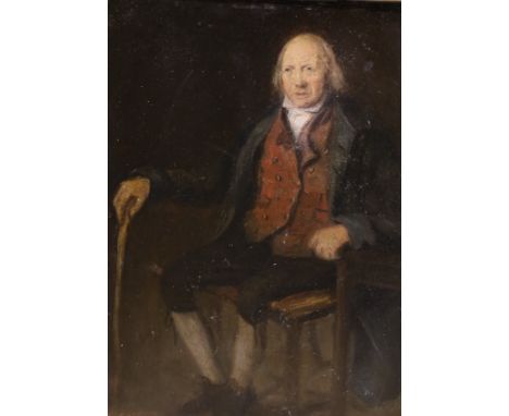 19th century English School, oil on millboard, Full length portrait of a seated gentleman, 32 x 25cm