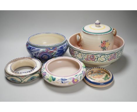 Five items of 1930's/40's Poole pottery, two Delphis plates and a boxed yellow poppy plate