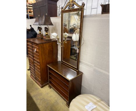 A Regency style parcel gilt console cabinet and pier mirror, width 83cm, depth 41cm, height 212cm