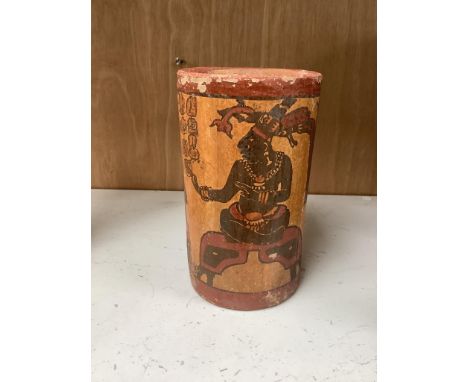 A Mayan pigment painted terracotta cylindrical vessel, possibly 7th-9th century AD., 17.2cm high, under a glass dome with rev