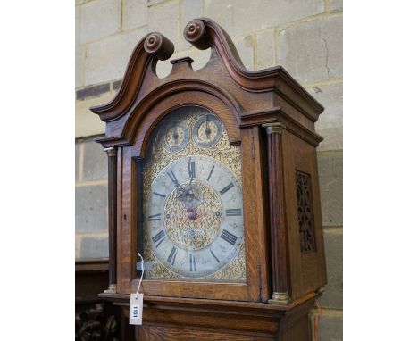 An early 20th century oak Westminster chiming 8 day longcase clock, height 236cm