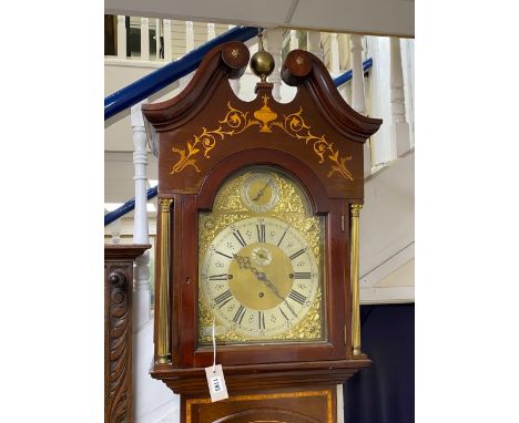 An Edwardian syle satinwood banded marquetry inlaid mahogany Westminster chiming 8 day longcase clock, height 246cm