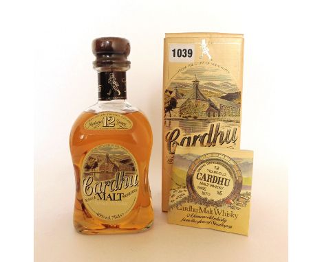 A bottle of Cardhu 12 yr old Single Highland Malt Scotch Whisky with old presentation label and box circa 1980's 40% 75cl