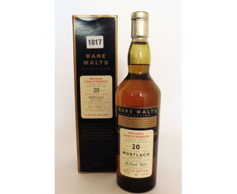 A bottle of Rare Malts Selection Mortlach Distillery Dufftown 20 yr old Natural Cask Strength Single Malt Speyside Scotch Whi
