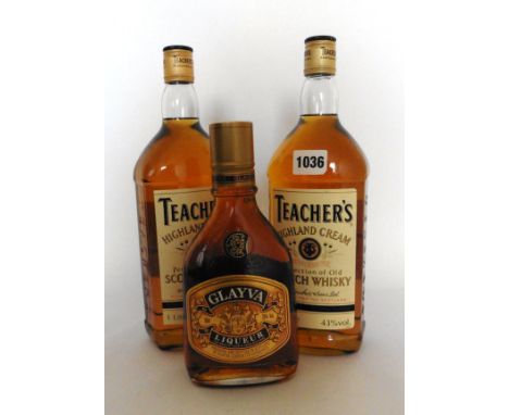 3 various bottles, 2x Teacher's Highland Cream Scotch Whisky (old presentation) 1x 43% & 1x 40% both 1 litre & 1x Glayva Scot