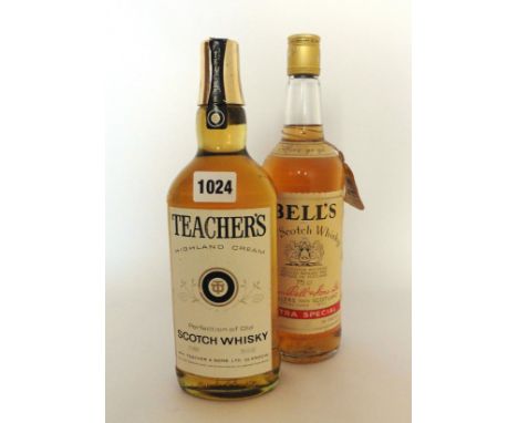 2 bottles, 1x Teacher's Highland Cream old Scotch Whisky circa 1970's 70 proof 26 2/3 fl oz & 1x Bell's Extra Special Old Sco