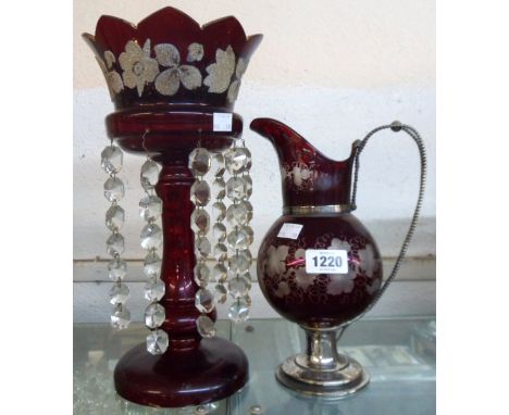 A ruby glass lustre - sold with an etched ruby glass claret jug with silver plated mounts