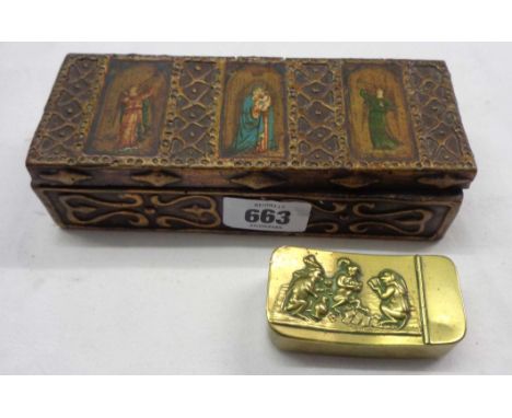 An old carved gilt rosary bead box with painted triptych of Mary flanked by angels - containing a brass snuff, etc.