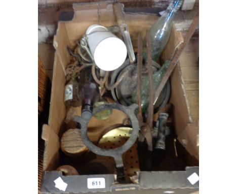A quantity of various collectables including enamel milk can, trivet, bottle, etc.