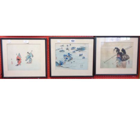 Three ebonised framed 19th Century Japanese coloured prints - all signed and stamped