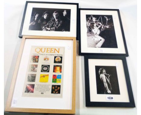 Three ebonised framed Queen and Freddy Mercury monochrome photographic re-prints - sold with a framed Queen CD list
