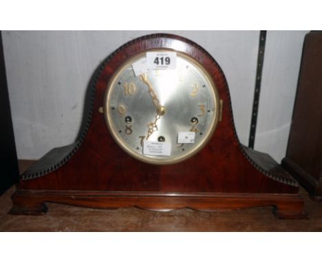 A 20th Century mahogany cased Napoleon hat mantel clock with beaded decoration and eight day chiming movement