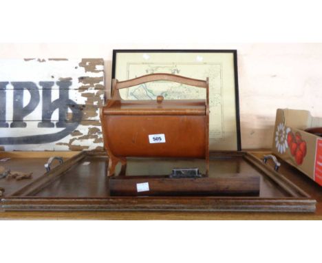 A wooden sewing box - sold with an oak two handled tea tray, spirit level and a 20th Century reprint map of Chester