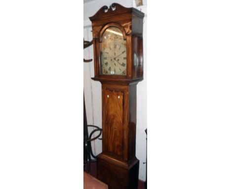 A 19th Century mahogany and strung longcase clock, the 13" painted arched dial with remains of name Robt. Williams, Falkirk, 