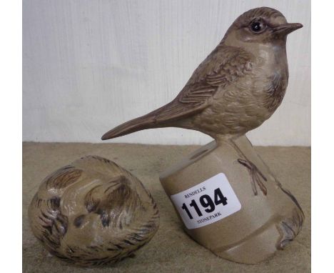 A Poole Pottery bird on a flower pot - sold with a sleeping dormouse