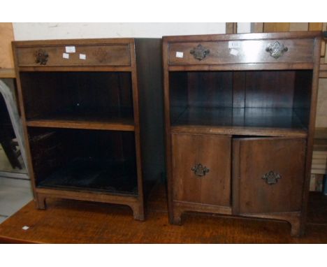 A pair of 20" 20th Century mahogany bedside cabinets with frieze drawer, recess and two doors under, set on bracket feet - on