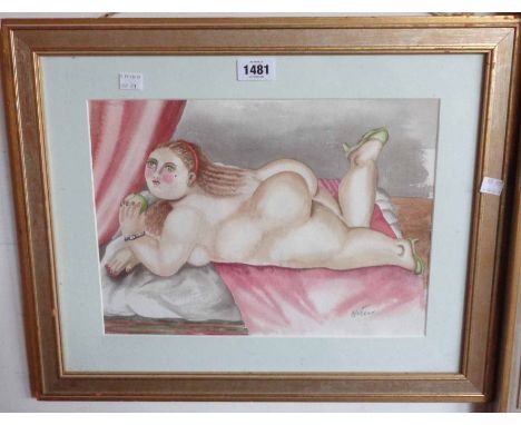 Balero: a gilt framed watercolour, depicting a portrait of a voluptuous nude female figure - signed