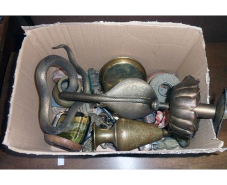 A box containing brassware including cobra candlestick, etc.