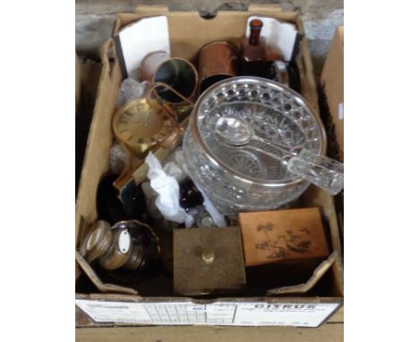 Various items including three copper measures, brass tea caddy, clocks, etc.