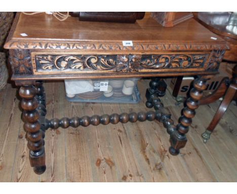 A 35 1/2" Victorian carved oak side table with lion mask to frieze drawer, set on a bobbin turned open stretcher base