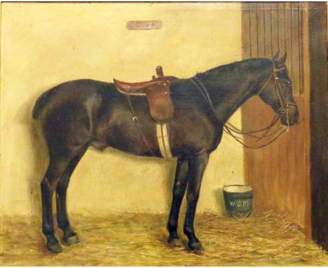Mabel Allnutt: an ornate gilt framed oil on canvas equestrian portrait of a chestnut horse "Sweep" in a stable interior with 