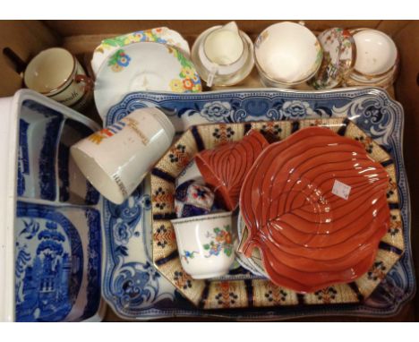 A box containing a Losol oblong shallow dish, Carltonware cup with saucer, Royal Doulton pin tray