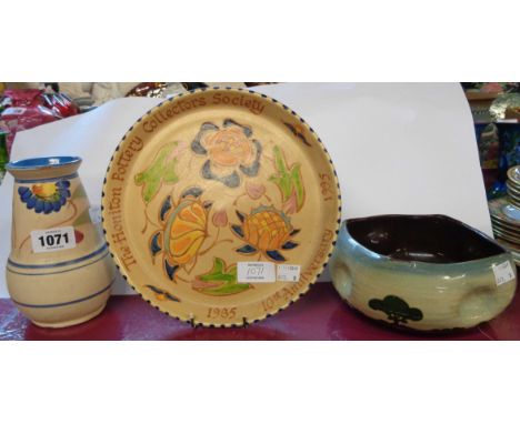 A Honiton Collector's Society plate, a Honiton Pottery bowl and a vase