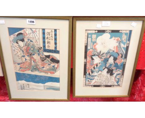 Two 19th Century Japanese polychrome woodblock prints, depicting figures - both signed and with seals