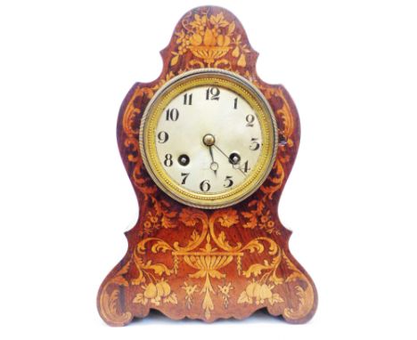 A 9 1/4" 19th Century inlaid rosewood cased bombe mantel clock with silvered dial and Le Roy, Paris eight day bell striking m