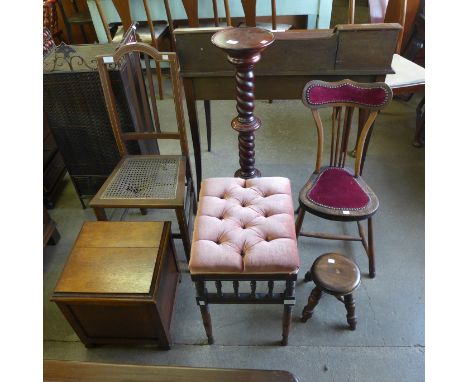 A Victorian beech piano stool, two bedroom chairs, a hardwood torchere, etc. (6) 