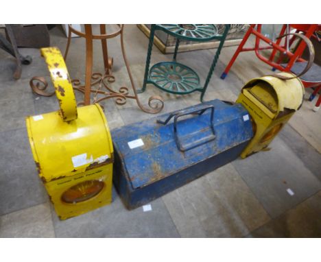 Two railway lamps and a vintage tool box 